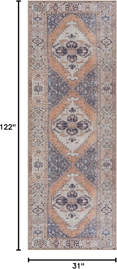 Bloom Rugs Washable 10 ft Runner - Orange/Blue/Beige Traditional Runner for Entryway, Hallway, Bathroom, and Kitchen - Exact Size: 2.5' x 10'