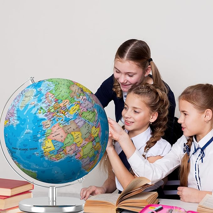 SOUNDANCE 13 Inch World Globe with Stable Heavy Metal Base, Educational Globe for Kids Learning, Large Globes Lamp with Colorful HD World Map Details, LED