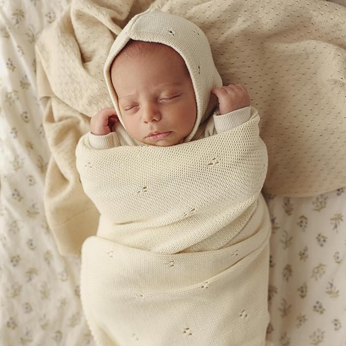 Organic Unisex Pointelle Receiving Swaddle Blanket for Boys & Girls - 100% Luxury Organic Soft Cotton Knit Warm Cuddle Stroller Blanket for Newborns, Infants, & Toddlers (Butter Cream)