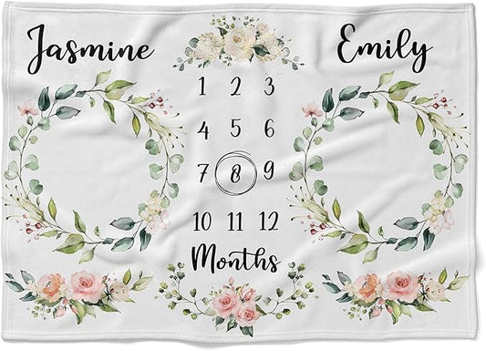 MDPrints Personalized Twin Milestone Blanket, Custom Monthly Baby Blankets with Name for Boys and Girls, 30x40 & 50x60inch Soft Plush Fleece (White)