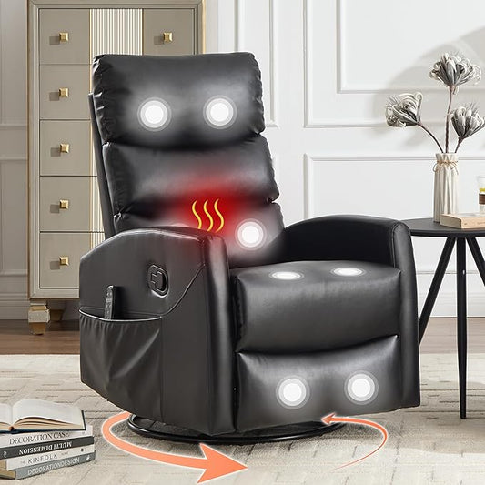 Manual Swivel Rocker Recliner Chair with Massage, Overstuffed Recliner Glider with Vibration Massage and Heat for Nursery, Living Room Reclining Sofa Chair, PU Leather Black
