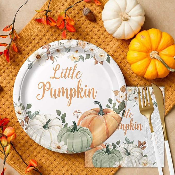 100 Pcs Little Pumpkin Baby Shower Party Decoration – Autumn Pumpkin & Floral Tableware Set with Plates, Napkins, Cups, Cutlery for Thanksgiving & Fall Baby Shower Decorations, Serves 20