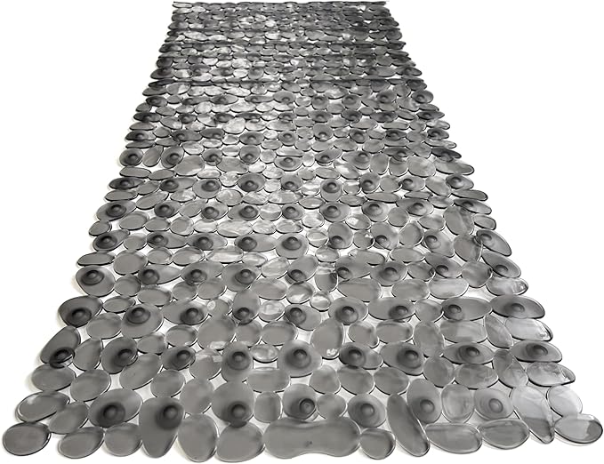 “Pebbles” Non-Slip Bathtub/Shower Mat 35"x16" Rectangular, Non-Toxic, Safe, Clean, Machine-Washable, Superior Grip & Drainage, Vinyl, for Smooth Floors ONLY, Transparent Gray