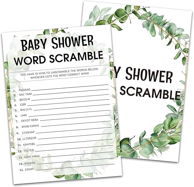Baby Shower Game Cards, Word Scramble Game, Tropical Jungle Theme Party Cards for Gender Neutral Boys or Girls, Set of 30 Cards(Green005)