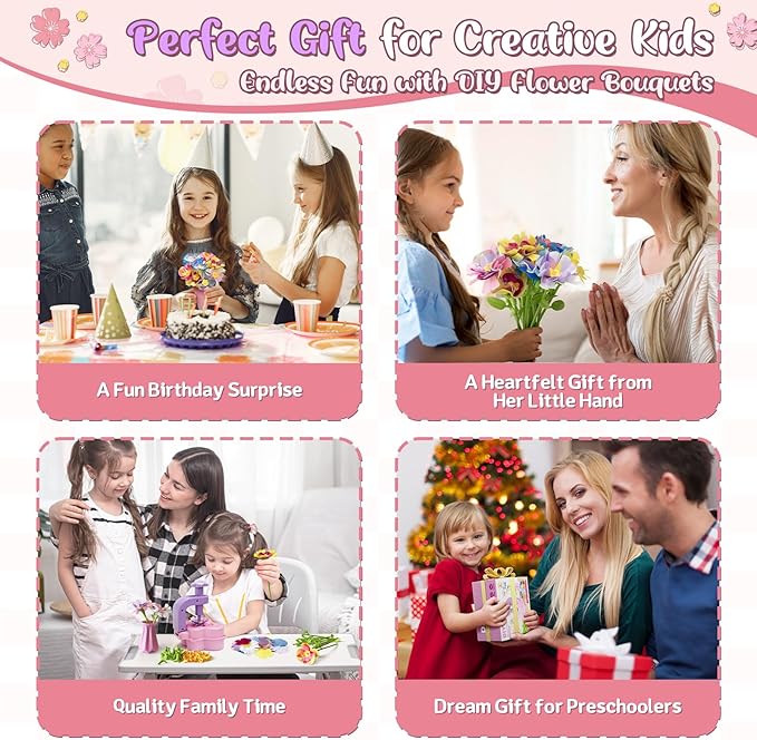 Fabric Flower Bouquet Toys for Kids – Mess-Free & Creative DIY Arts and Crafts for Child Ages 3 4 5 6 7 8 9+, No Glue Needed, Fun Early Educational STEM Gift for Birthdays, Christmas, Holidays