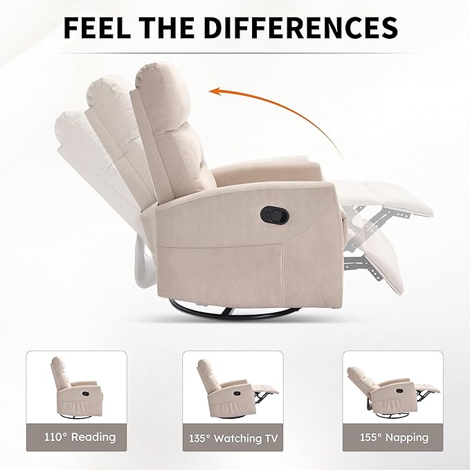360° Swivel Rocking Chair for Nursery, Manual Glider Chair Nursing Chair with Side Pockets, Polyester Glider for Living Room, Heavy Duty Motion Mechanism, Beige