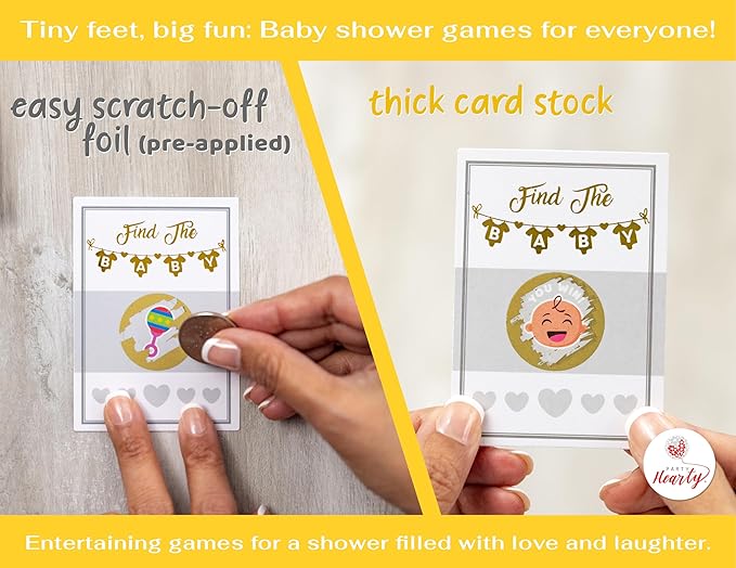 Party Hearty Baby Shower Games Gold 33 Raffle Cards, Emoji Scratch Off Lottery Tickets, 3 Winners 5 Different Loser Card Designs, Gender Neutral, Silly Activity for Ice Breakers, Door Prizes, Favors