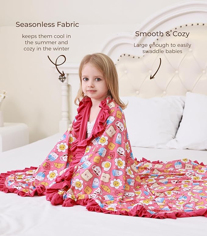 Premium Baby Blanket for Girls, Stretchy Quilt, Soft Crib Bedding for Newborn Baby and Toddler, Ruffle Nursery Blanket for Kids, Viscose Made from Bamboo, 50''x50'' Pink Breakfast One Size