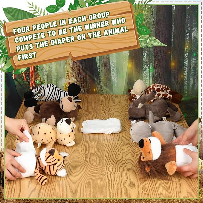 8 Sets Safari Animals Blindfolded Diaper Changing Baby Shower Games Boys Girls Baby Dolls Diapers for Bridal Shower Gender Reveal Games Prizes Gifts for Adults