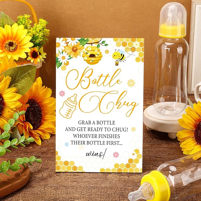 TrelaCo Cool Baby Shower Games Wooden Bottle Chug Sign Bee Theme Gift Sets and 12 Pcs Baby Bottle Shower Favor for Honeycomb Bee Games Gender Reveal