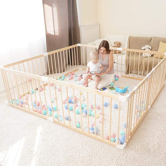 GGF Wooden Baby Playpen -79 * 59 * 24 in, Large Wood Gate Playpen for Babies and Toddlers, Baby Fence Play Yard with Door for Kids Activity Center