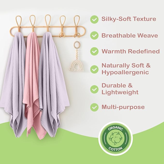Organic Cotton Muslin Baby Blanket - 47x47 Inch Breathable Swaddle, Hypoallergenic Double-Layer, Versatile Use (Light Pink/Light Purple, 47x47 Inch)
