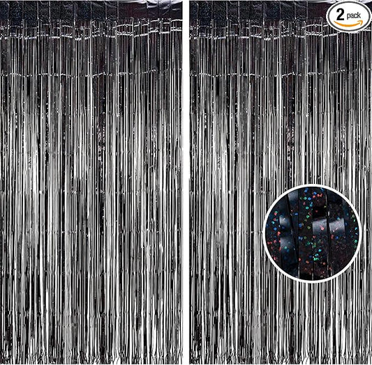 BRAVESHINE Black Halloweens Party Foil Fringe Curtains - 2 Pack Metallic Tinsel Photo Booth Streamers Backdrop for Birthdays, Stranger Theme, Music, Prom, Christmas Party Decorations
