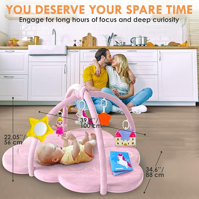 QUOKKA Baby Play Gym XL – Unicorn-Themed Baby Play Mat with 6 Large Sensory Toys – Tummy Time Mat for Infant Development – Machine Washable Newborn Essentials Must Haves – Gender Neutral Gift Items