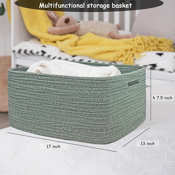 COMFY-HOMI 2 pcs Large Storage Baskets for Shelves, Laundry Basket, Woven Rope Basket, Closet Organizer Bins for Clothes Blanket Towels, Baby Nursery, Gift Toy Baskets, 17” x 13” x 7.5”-green