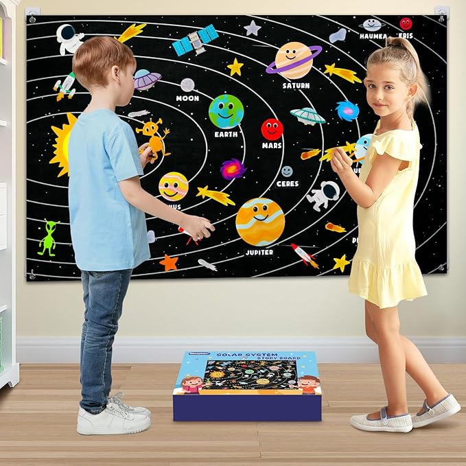 Solar System for Kids 3-5 5-7 with 63pcs Felt Board Story Sets Girl Boy Toys Preschool Montessori Learning Toy Wall Busy Board Astronaut Space Planets Birthday Gifts 3 4 5 6 7 8 Year Old Stem Toy