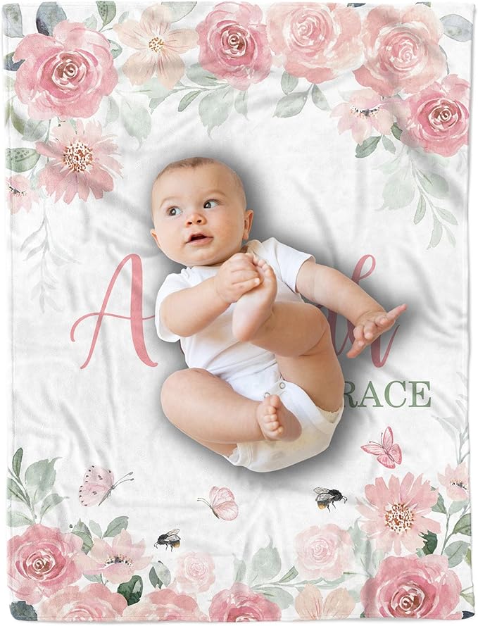 Arteaga Personalized Baby Blanket for Girls, Customized Floral Rose Blanket for Newborn, Super Soft Plush Fleece, 30''x40''