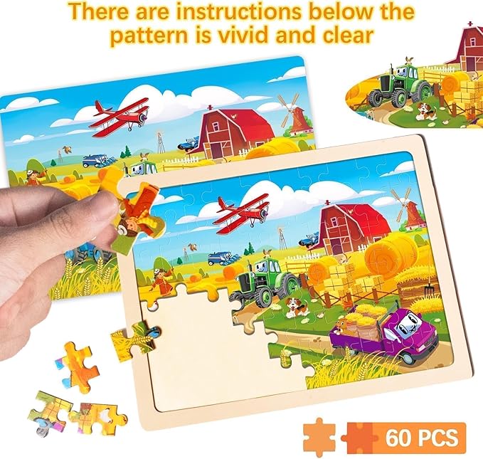 Wooden Vehicle Puzzles for Kids Ages 4-6,6 Pack 60Pcs Jigsaw Wooden Car Puzzles for Toddlers 3-5,Preschool Educational Toys Gifts for Children Ages 4-8,Kids Learning Toys for 4+ Year Boys Girls