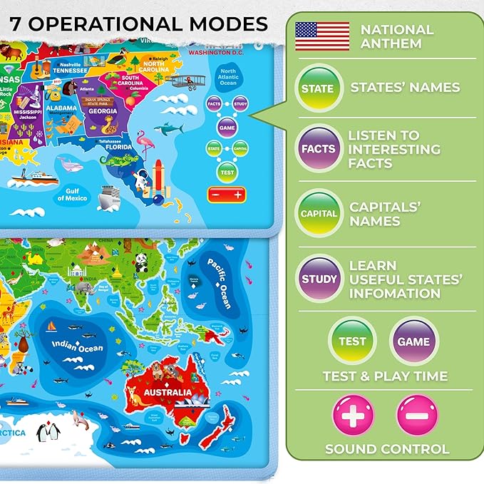 QUOKKA Educational Toys for Kids 5-7 Year Old - USA World Maps Learning Wall Chart for Toddlers Age 3 4 6+ - Interactive Speech Therapy Poster Boy Girl - Autism Game 8-10-12