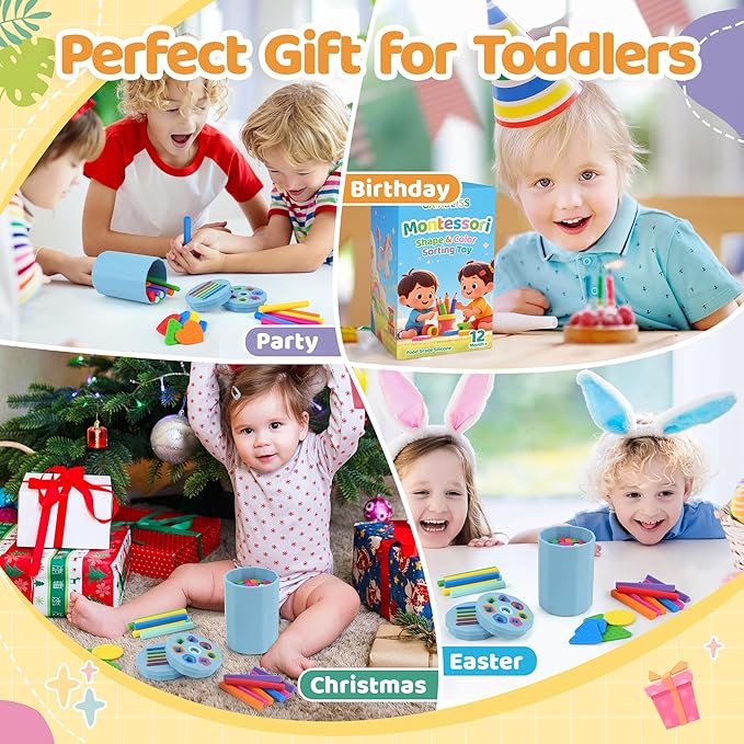 Shape & Color Sorting Montessori Baby Toddler Toys for 1 2 3 Years Boys Girls, Silicone Montessori Toys for 1 Year Old, Fine Motor Skills Sensory Toddlers Toy 1 Year Old Girl and Boy Gift, 2 in 1
