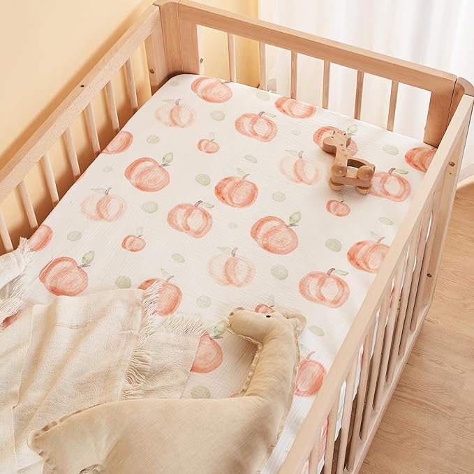 TILLYOU Muslin Crib Sheets for Boys and Girls 2 Pack, Neutral Soft Cotton Baby Crib Mattress Protector, for 52x 28 Toddler Bed, Peach dot & Light Green