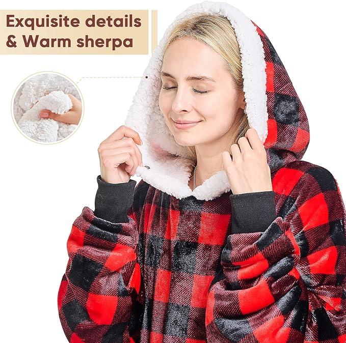 yescool Wearable Blanket Hoodie, Flannel Sherpa Fleece Blanket Sweatshirt for Adults Women Men, Big Plush Cozy Hooded Blanket with Hood, Pocket & Sleeves, Large, One Size Fits All (Red Checkered)