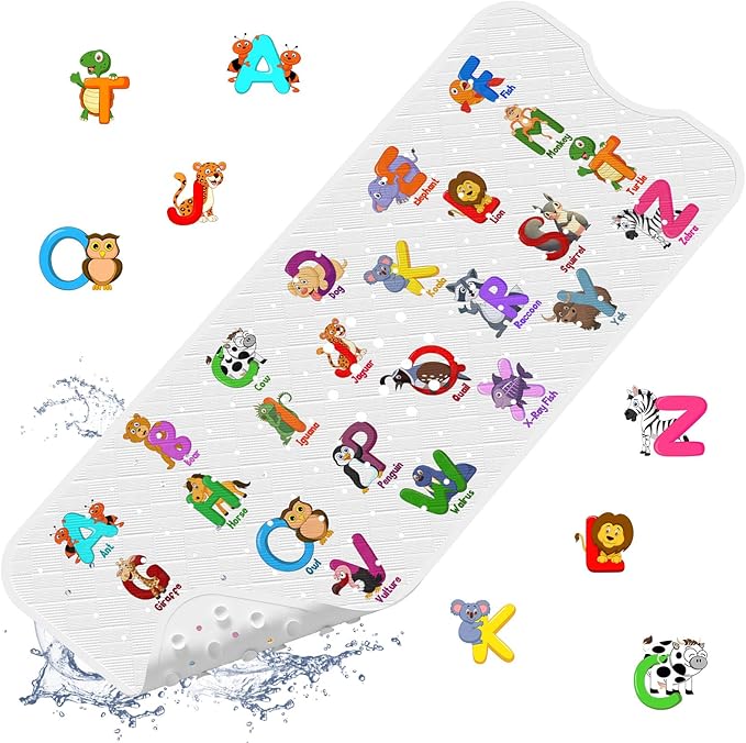 XIYUNTE Baby Bath Mat for Tub Non Slip Kids Bath Mat - 40''x16'' Extra Long Cartoon Baby Bath Tub Mat Eco-Friendly Toddler Bath Mats with Suction Cups, Easy to Clean & Easy Drying, Alphabet(White)