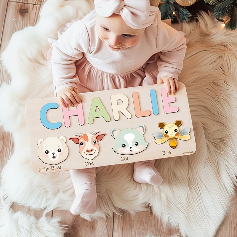 Animals Puzzle for Baby Girl and Boy, Handmade Custom Name Puzzle, Personalized Gifts for Baby, First Christmas Gift, Baby Gift, Personalized Wooden Name Puzzle with Cute Animals, Wood Toys