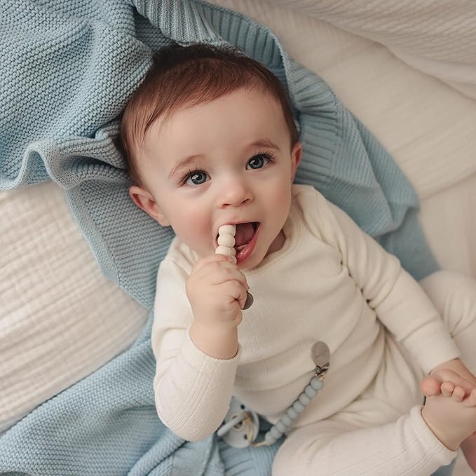 Organic Cotton Heritage Knit Receiving Blanket for Boys - 100% Luxury Soft Organic Cotton - Warm Cozy Swaddle Cuddle Blanket for Newborns Infants & Toddlers (0-2Yrs - Sky Blue)