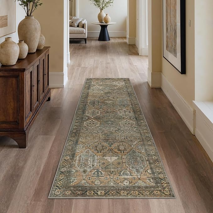 GENIMO 2x12 Runner Rugs for Hallway, Machine Washable Non Slip Vintage Rugs, Low Pile Lightweight Soft Print Rug for enrtyway, Corridor, Home Office, Kitchen, Warm Taupe