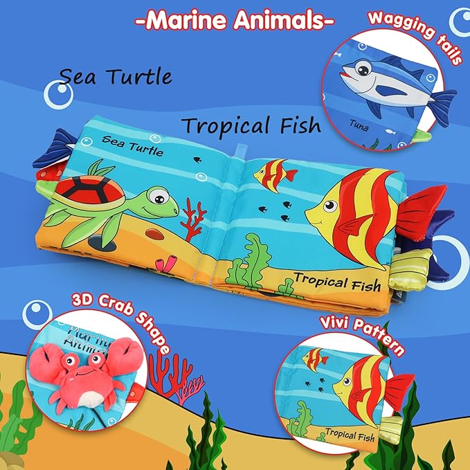 Soft Animal Tails Baby Toy Touch and Feel Crinkle Cloth Book (Marine Soft Baby Book)