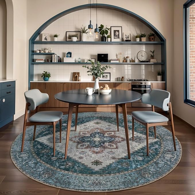 Ciicool Boho Circle Area Rug Washable 6x6ft Round Bedroom Rug Non-Slip Oriental Throw Rug Low-Pile Floor Carpet for Dining Room Living Room