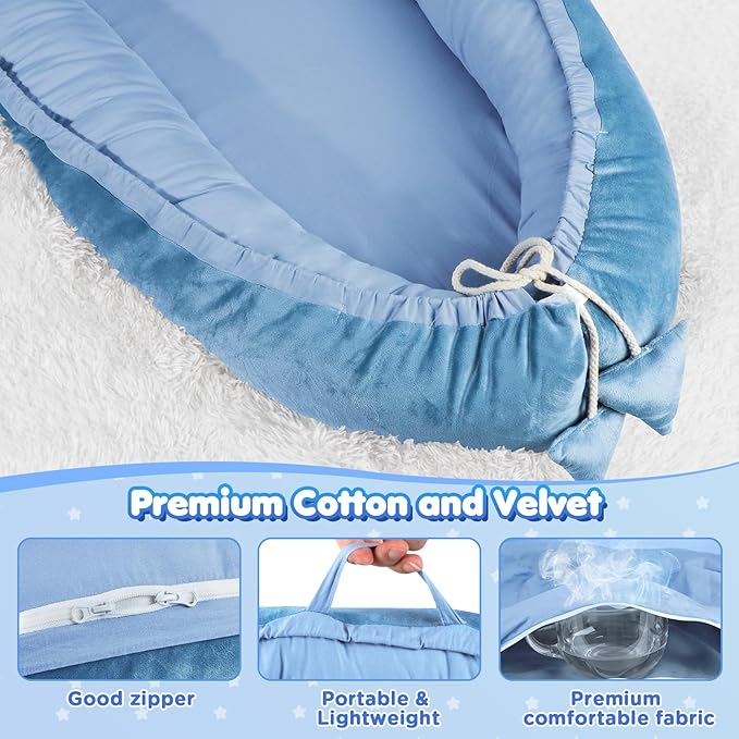Baby Lounger - Baby Lounger for Newborn 0-24 Months, Breathable & Soft Cotton and Velvet Cover Baby Nest, Portable Cozy Infant Lounger for Home and Travel, Ideal Baby Essentials & Shower Gifts