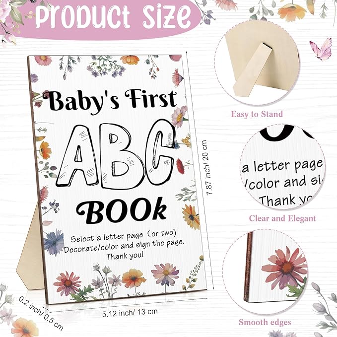 Geelin 51 Pcs Fun Baby Shower Game Activities First Abc Book Sign Coloring Game Card 26 Alphabet a to Z Coloring Card with 24 Watercolor Pen Storage Bag for Baby Shower Party(Wildflowers)