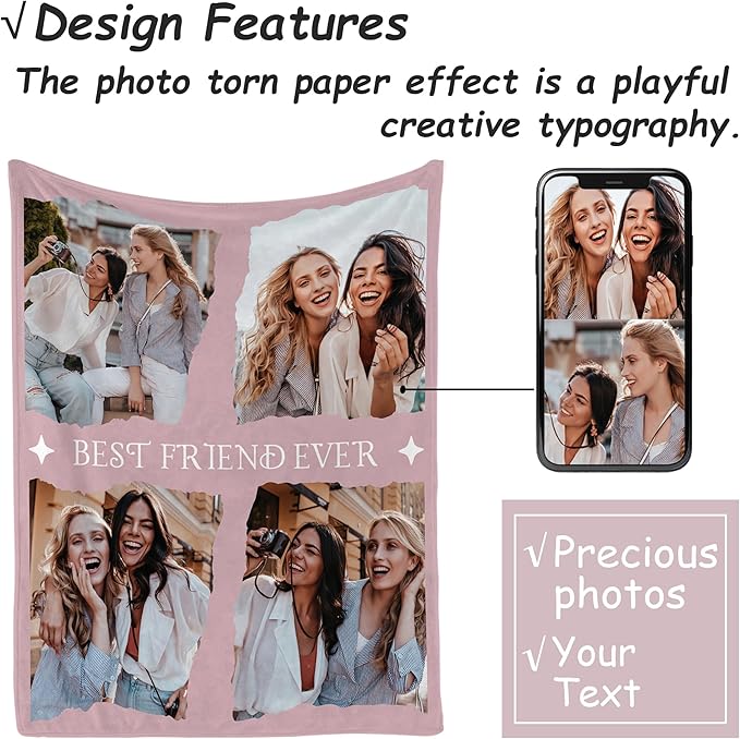 Custom Picture Blanket - Personalized Friendship Gift for Women, Best Friend Birthday Gift