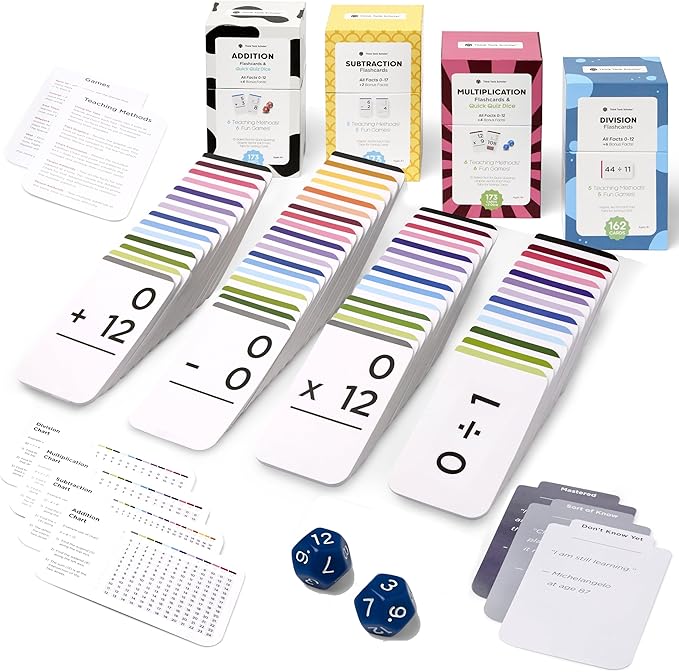 681 Award-Winning Math Flash Cards + Dice – Learn Addition, Subtraction, Multiplication & Division Facts 0–12 – Color-Coded with Games, Charts & Sorting Tabs – Grades K–6 – Jumbo Size (5.2” x 3.1”)