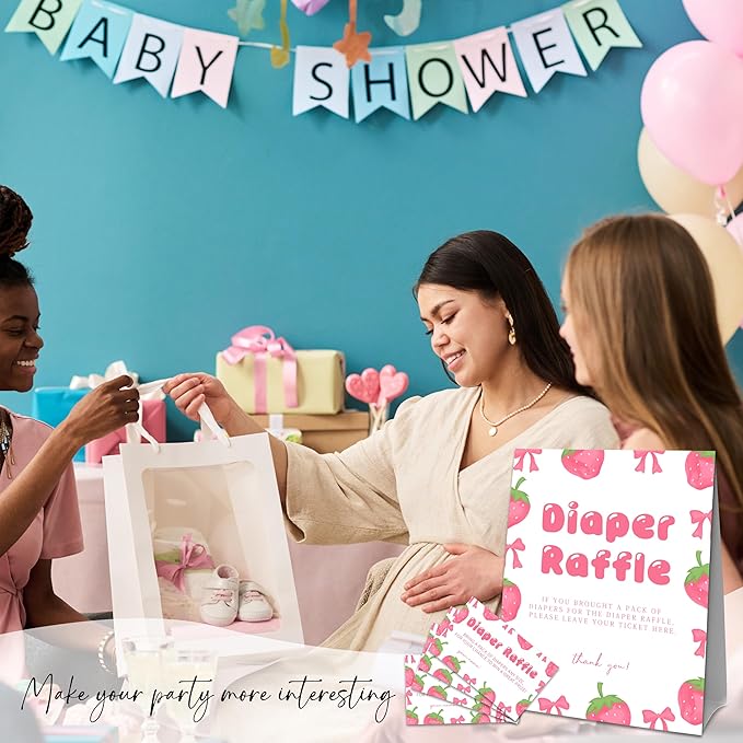 Pink Strawberry Diaper Raffle Set For Baby Shower - 50 Raffle Tickets With 1 Standing Sign - Baby Announcement, Gender Reveal Baby Shower Party Decoration Game Set - A09