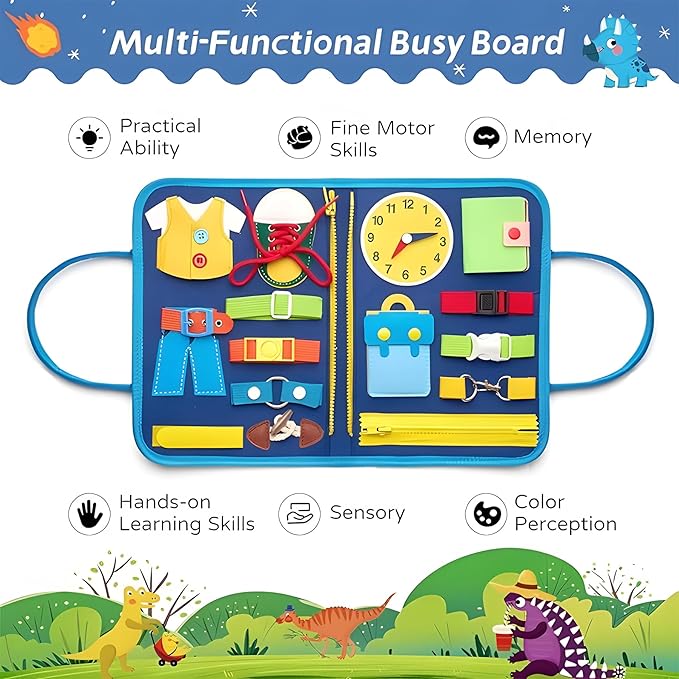 Busy Board for 1 Year Old Sensory Toys for Toddlers 1-3 Montessori Learning Busy Book for Boys Girls Preschool Toys Gift (Dinosaur)