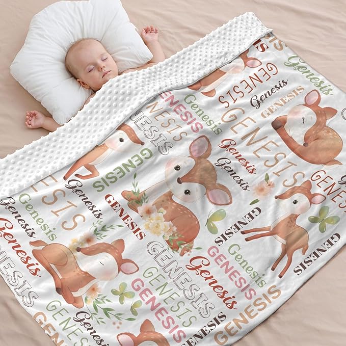 Personalized Baby Blanket for Girls Deer Custom Baby Blankets with Name Dotted Backing Customized Gifts for New Mom Customize Baby Blanket for Kids Newborn Birthday