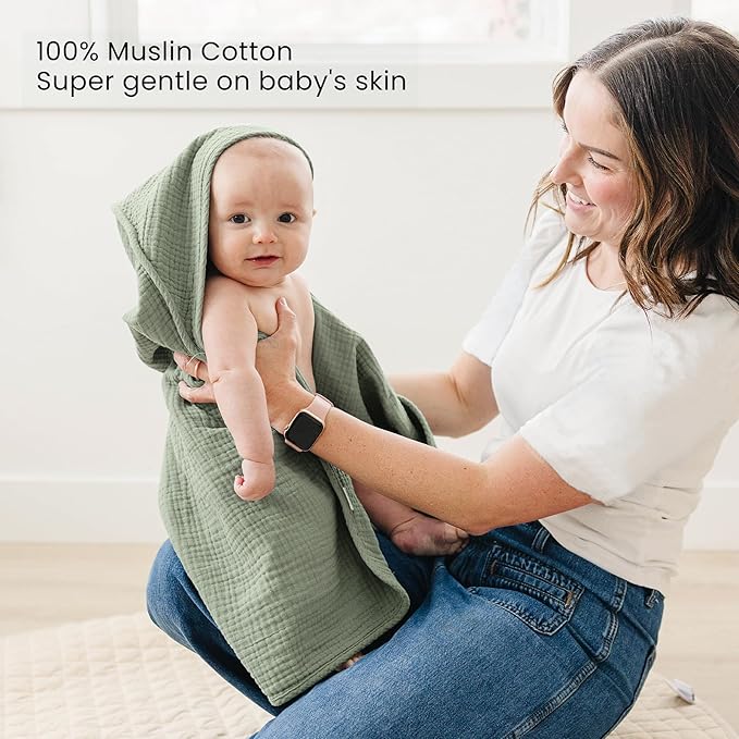 Konssy 2-Pack Muslin Hooded Baby Towels, 100% Cotton, Ultra-Soft & Absorbent Baby Bath Towels with Hood for Newborn & Infant (Fog Green, Sprout, 30'' x 30'')
