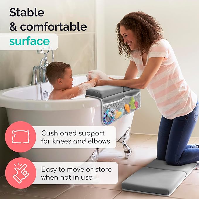 Baby Bath Kneeler and Elbow Rest Pad Set - Kneeling pad for Bathing Baby and Toddlers - Memory Foam Cushion - Holds Bath Accessories and Essentials - Comfort and Support for Your Knees