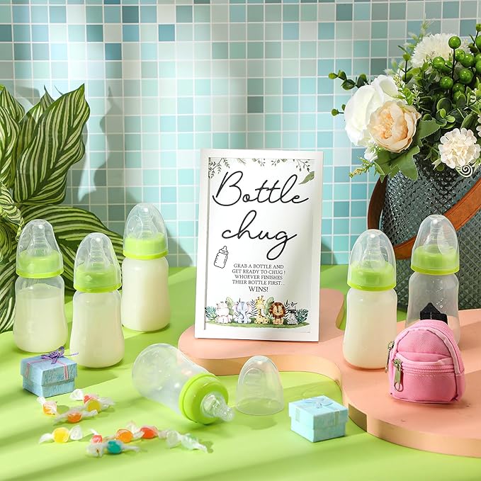 Roowest Bottle Chug Baby Shower Game Favors Including Safari Animals Theme Wooden Sign and 18 Pcs Baby Bottles for Gender Reveal Party Supplies