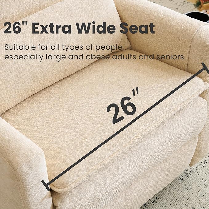 Oversized Swivel Rocker Recliner with Adjustable Headrest, 26" Extra Wide Glider Recliner Nursery Chair with Double Cushion, Chenille Glider Rocking Chair for Living Room,Cup Holder,Beige