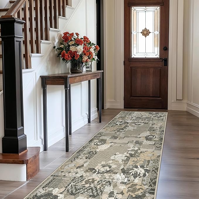 GENIMO Floral Runner Rug 2'6''x8, Machine Washable Non Slip Vintage Patchwork Hallway Runner, Ultra-Thin Low Pile Runners for Indoor Entryway, Hallway, Kitchen and Corridor, Taupe Gray