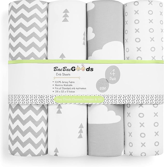BaeBae Goods Premium Crib Sheets for Baby Boys and Girls, 4 Pack, Soft and Breathable Jersey Knit Fitted Sheet Set, Grey and White, Cute Gender Neutral Nursery Mattress Bedding, Universal Fit