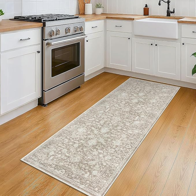 KILOCOCO Hallway Runner 2x5 Kitchen Runner Rug Printed Vintage Floral Washable Non-Slip Runners for Hallways Laundry Room Rugs Distressed Boho Rug for Bedroom, Beige