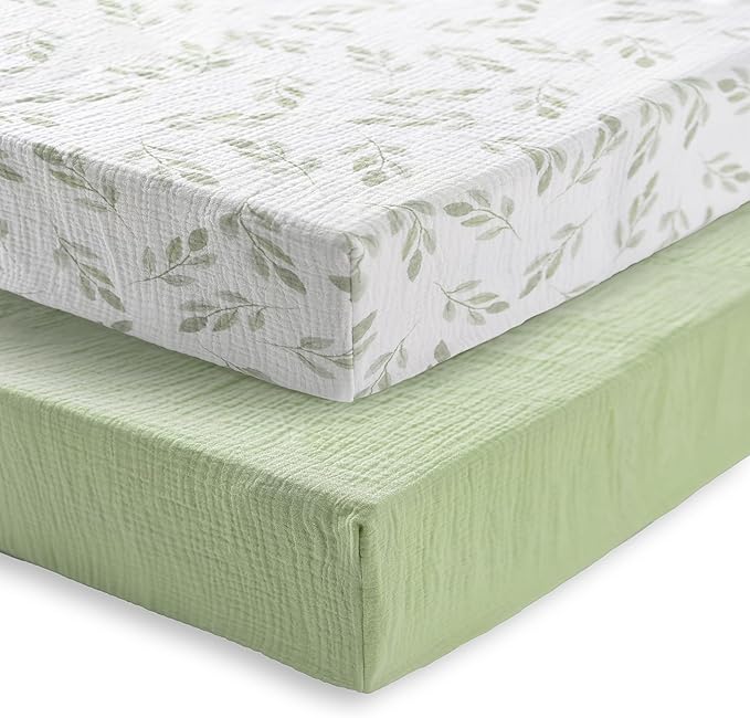 Baby Crib Sheets 2 PCS, 100% Organic Cotton Crib Sheet for Standard Crib Mattress(52”x 28”), Fitted and Soft Breathable Muslin Crib Mattress Sheet for Girl and Boy (Leaves, Green)
