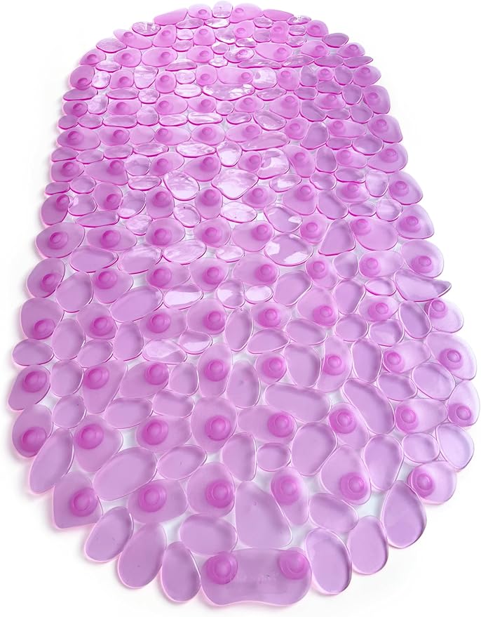“Pebbles” Non-Slip Bathtub & Shower Mat 27”x14” Oval - Non-Toxic - Safe, Clean, Machine-Washable, Superior Grip & Drainage, Vinyl, for Smooth Floors ONLY, Transparent Pink