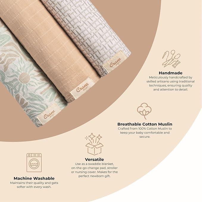Crane Baby 100% Cotton Muslin Swaddle Blankets, Beach Life Starfish, Set of 3, 47" x 47", Swaddles for Newborns, Baby & Girls