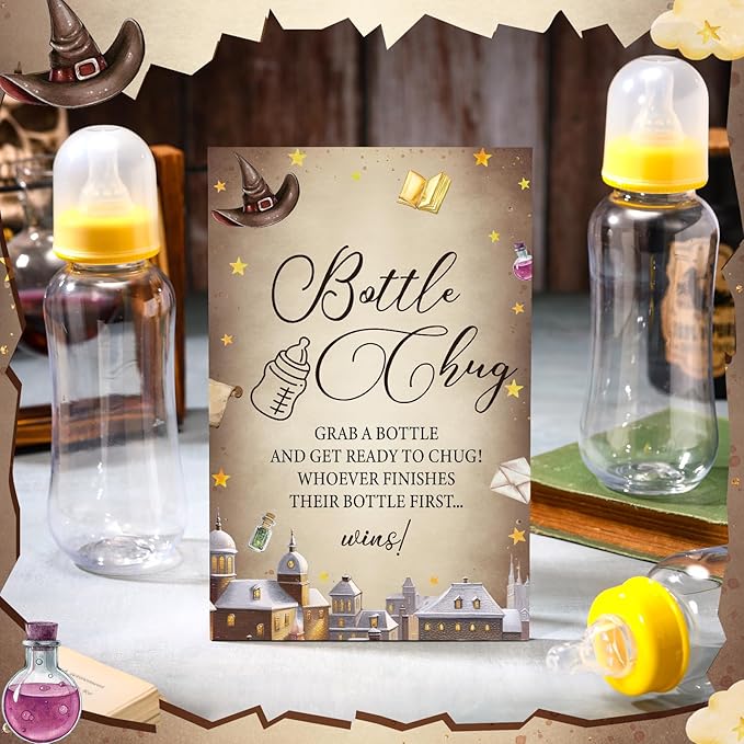 TrelaCo Cool Baby Shower Games Bottle Chug Sign and 12 Pcs Baby Bottle Shower Favor for Games Gender Reveal(Dark Color,Magical Wizard)
